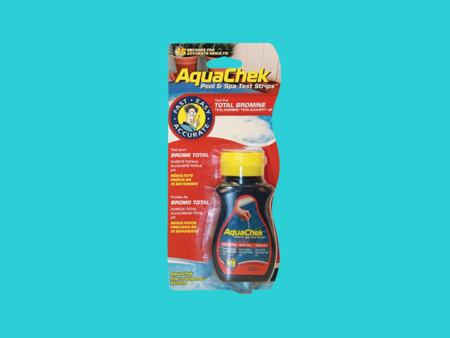 Flacon de 50 bandelettes de test AquaChek 4 en 1 pour l'analyse du brome total, pH, alcalinité totale et dureté totale dans l'eau des piscines et spas.