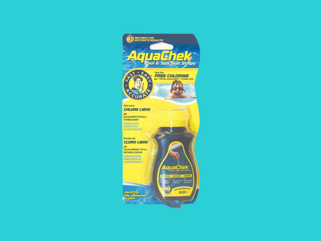 Flacon de 50 bandelettes de test AquaChek 4 en 1 pour l'analyse du chlore libre, pH, alcalinité totale et stabilisant dans l'eau des piscines et spas.