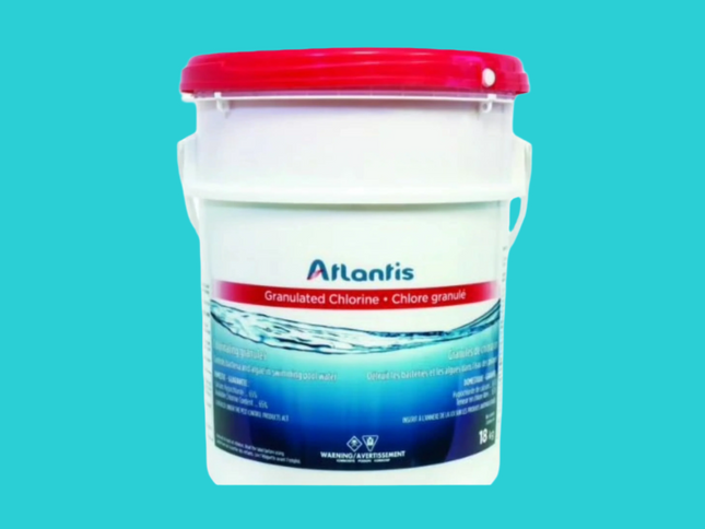 Contenant de 18kg de chlore en granules Atlantis pour piscine, traitement shock non stabilisé