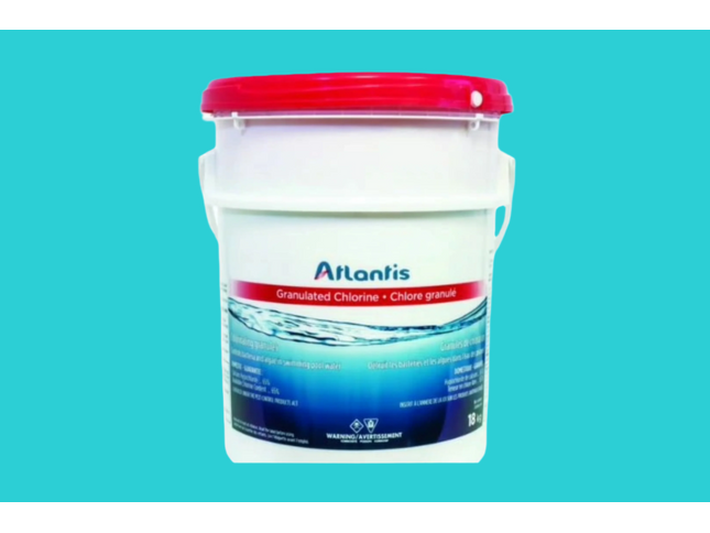 Contenant de 18kg de chlore en granules Atlantis pour piscine, traitement shock non stabilisé