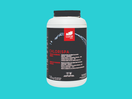 Contenant de 1,8 kg de granules de chlore stabilisé Coral Spa pour la désinfection de spas et piscines.