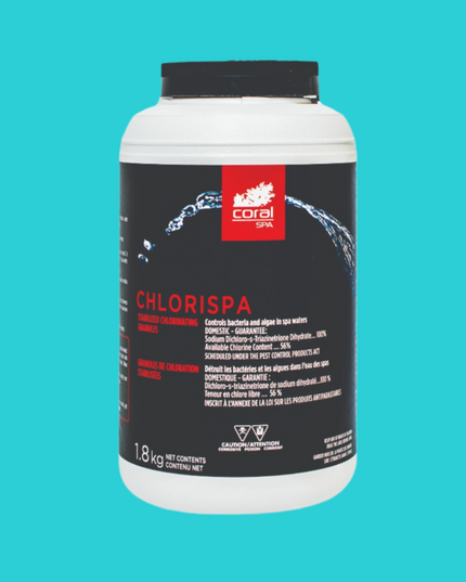 Contenant de 1,8 kg de granules de chlore stabilisé Coral Spa pour la désinfection de spas et piscines.