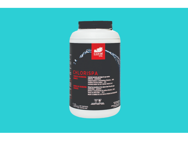Contenant de 1,8 kg de granules de chlore stabilisé Coral Spa pour la désinfection de spas et piscines.