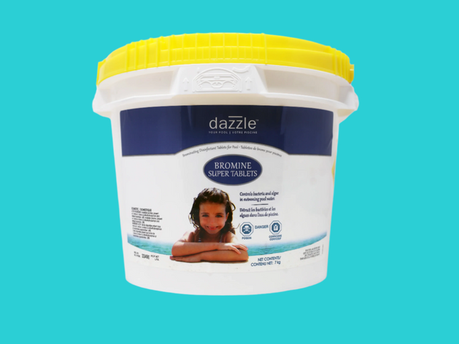 Seau de 7 kg de Pastilles de Brome Dazzle – désinfectant stabilisé pour spa et piscine.