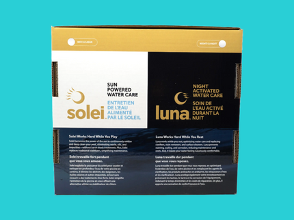Boite du Kit Jour & Nuit de Dazzle, comprends 2 bouteilles Soleil (3.78L) et un pot Luna (2.5 kg)