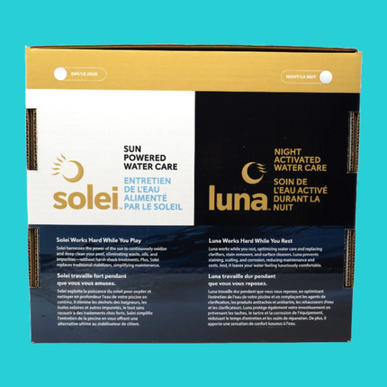 Boite du Kit Jour & Nuit de Dazzle, comprends 2 bouteilles Soleil (3.78L) et un pot Luna (2.5 kg)