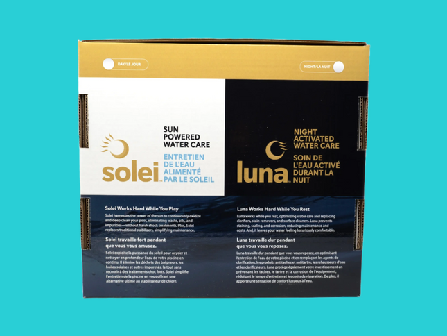 Boite du Kit Jour & Nuit de Dazzle, comprends 2 bouteilles Soleil (3.78L) et un pot Luna (2.5 kg)