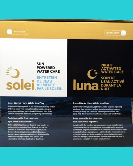 Boite du Kit Jour & Nuit de Dazzle, comprends 2 bouteilles Soleil (3.78L) et un pot Luna (2.5 kg)