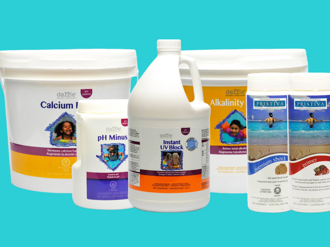 Kit Balancement Complet – ensemble de produits pour équilibrer les paramètres chimiques de la piscine.