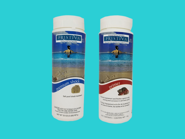 Ensemble de Fermeture pour piscine au sel – 80 000 L : comprend Pristiva Primer (1 kg) et Pristiva Premium Shock (950 g).