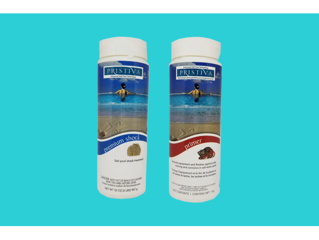 Ensemble de Fermeture pour piscine au sel – 80 000 L : comprend Pristiva Primer (1 kg) et Pristiva Premium Shock (950 g).