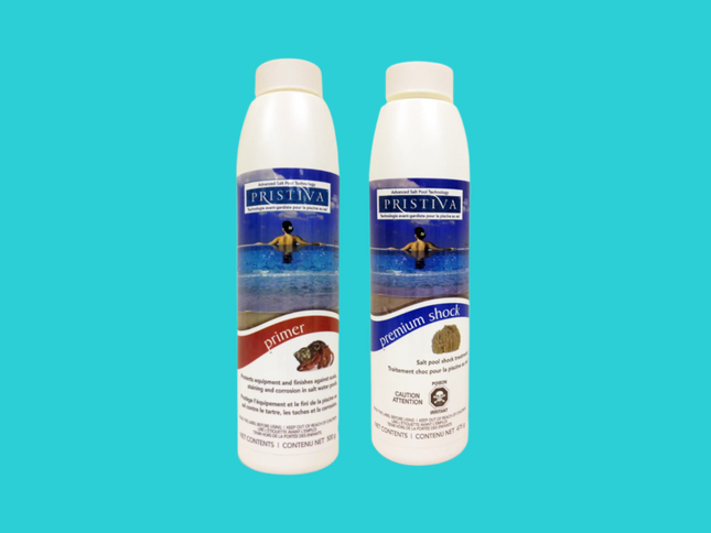 Ensemble de Fermeture pour piscine au sel – 40 000 L : comprend Pristiva Primer (500 g) et Pristiva Premium Shock (475 g).