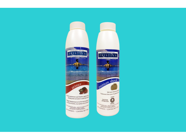 Ensemble de Fermeture pour piscine au sel – 40 000 L : comprend Pristiva Primer (500 g) et Pristiva Premium Shock (475 g).