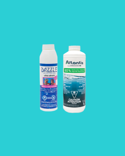 Kit ouverture / fermeture pour piscine de 40 000 L : Pristiva Premium Shock (475 g), Atlantis Algicide 60% (1 L)