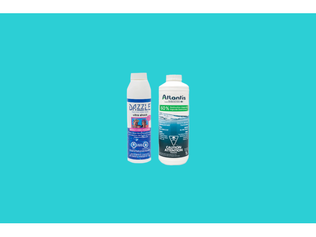 Kit ouverture / fermeture pour piscine de 40 000 L : Pristiva Premium Shock (475 g), Atlantis Algicide 60% (1 L)