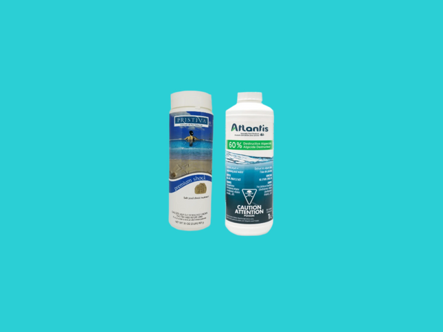 Kit ouverture / fermeture pour piscine de 80 000 L : Pristiva Premium Shock (950 g), Atlantis Algicide 60% (1 L)