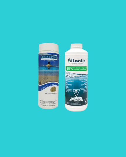 Kit ouverture / fermeture pour piscine de 80 000 L : Pristiva Premium Shock (950 g), Atlantis Algicide 60% (1 L)