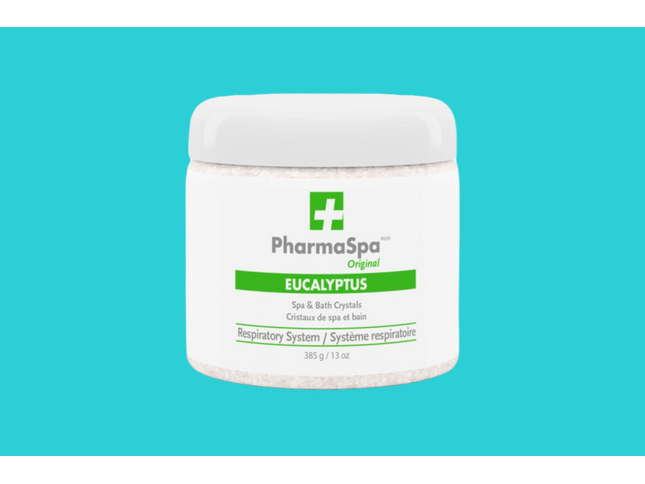 Pot de 385 g de sel d’epsom Pharmaspa Eucalyptus – pour spa et bain, effet respiratoire et relaxant.
