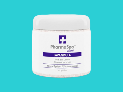 Pot de 385 g de sel d’epsom Pharmaspa Lavande – pour bain ou spa, effet apaisant et relaxant.