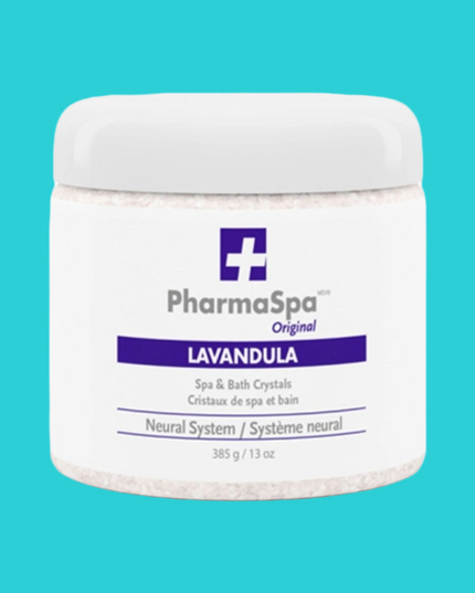Pot de 385 g de sel d’epsom Pharmaspa Lavande – pour bain ou spa, effet apaisant et relaxant.