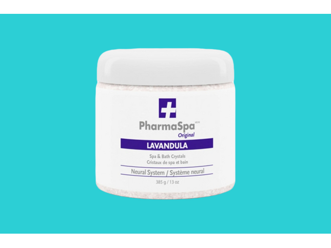 Pot de 385 g de sel d’epsom Pharmaspa Lavande – pour bain ou spa, effet apaisant et relaxant.