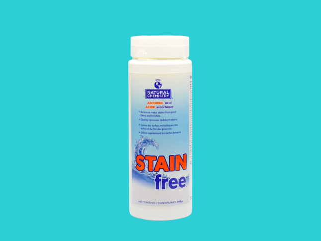 Bouteille de 1.75 lbs de Stain Free – traitement naturel pour éliminer les taches métalliques dans la piscine.

