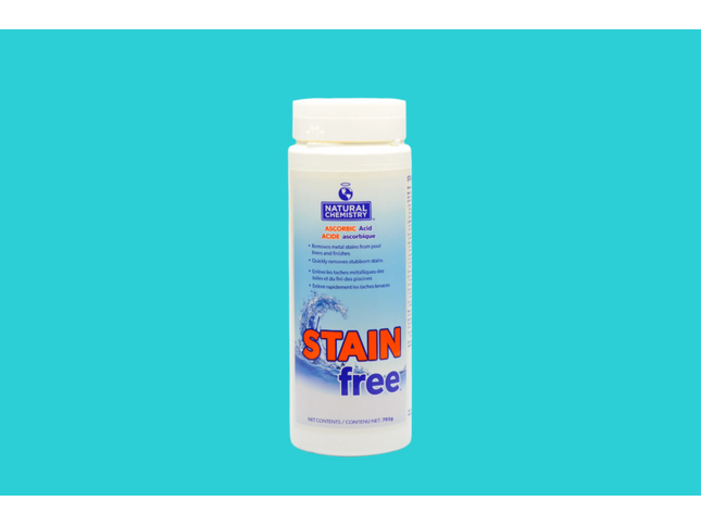 Bouteille de 1.75 lbs de Stain Free – traitement naturel pour éliminer les taches métalliques dans la piscine.

